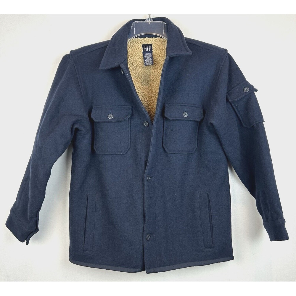 Gap Jacket Womens M L Wool Sherpa Lined Button Blue Heavy Chore Barn Read